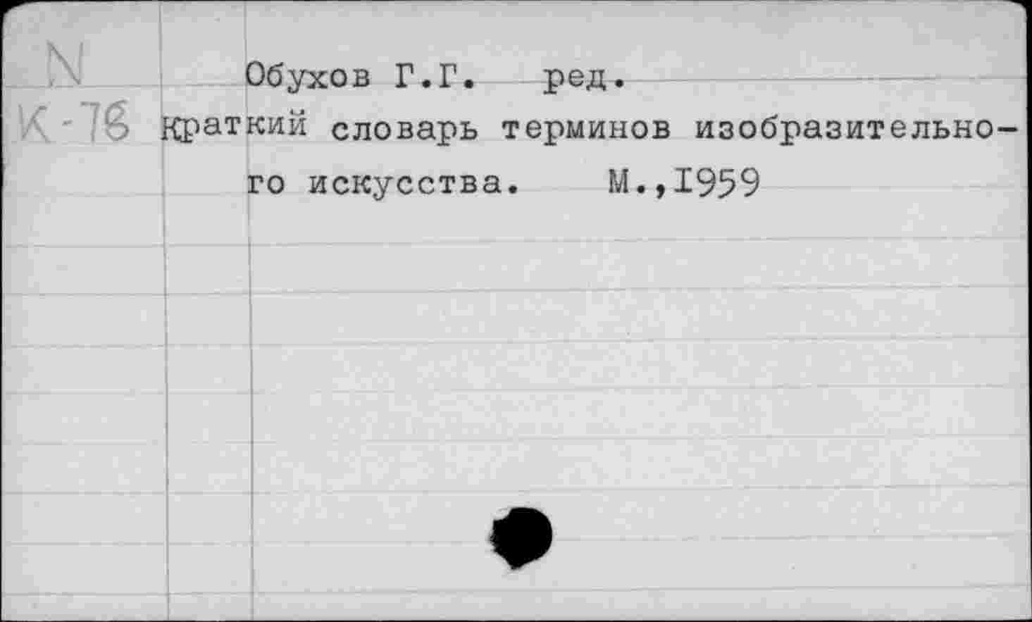 ﻿г- х-1Г	Крат	Эбухов Г.Г. ред. кий словарь терминов изобразительно- го искусства.	М.,1959
		
		
		
		•
		